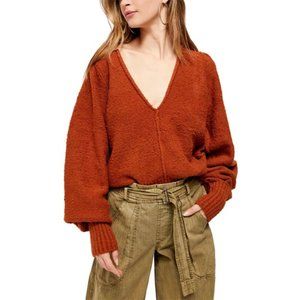 NEW Free People Reverie Sweater V-Neck Long Sleeve Pullover Burnt Butter Orange
